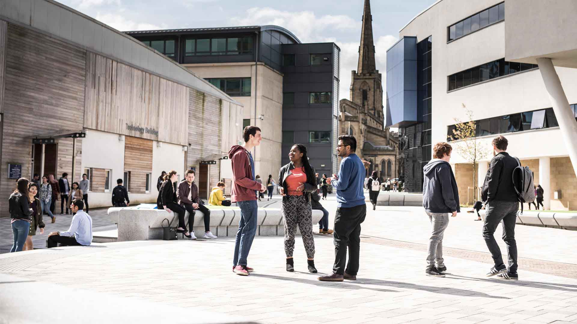 Students chatting on the Campus Plaza